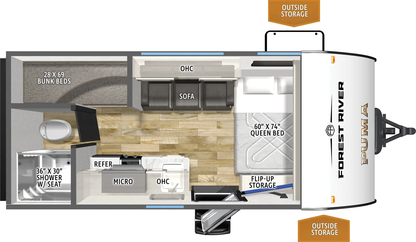 The Puma Camping Edition 16BHCE floorplan has one entry and zero slide outs. Exterior features include: metal exterior and 12' awning. Interiors features include: bunk beds and front bedroom.